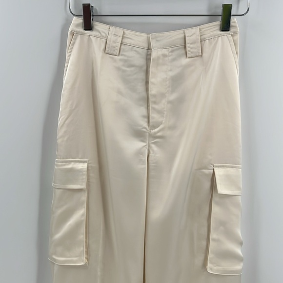 Love Tree Cream Ivory Satin Cargo Pants High Waist Relaxed Fit Pockets Silky Sm - Picture 4 of 11